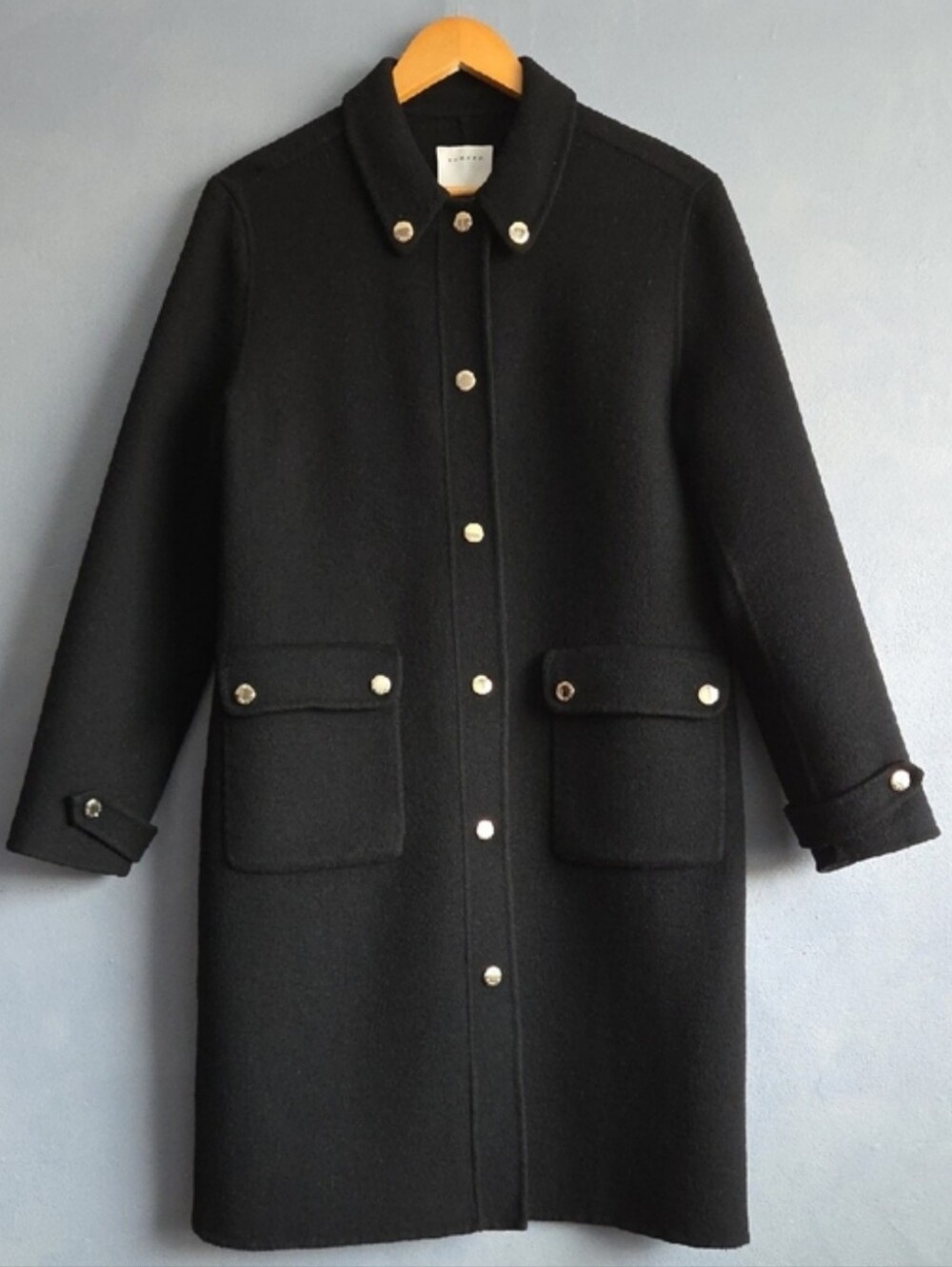 SANDRO PARIS BLACK WOOL BLEND, GOLD SNAPS MID LENGTH JACKET SIZE 38, EUC - Picture 2 of 15